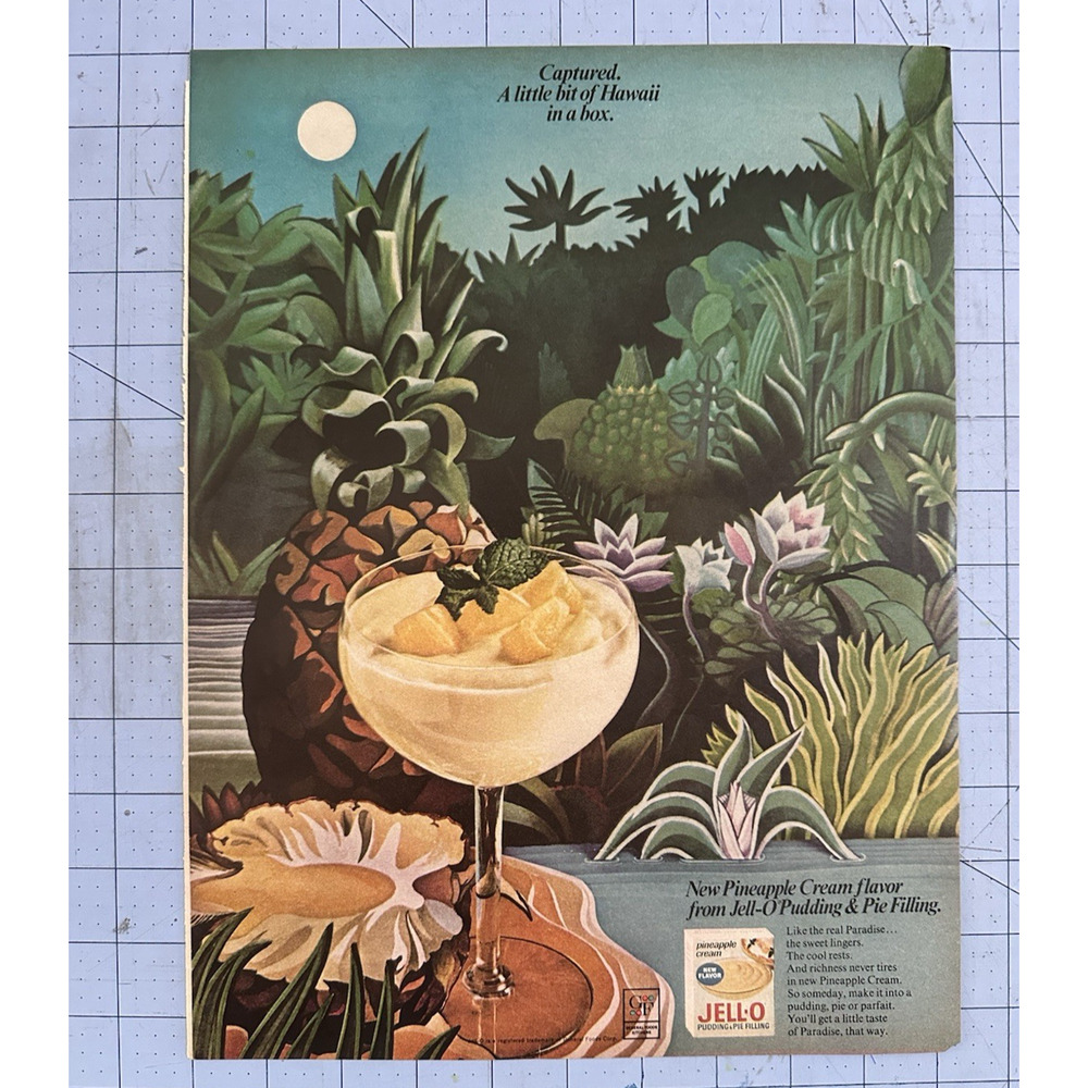 1967 JELL-O Pineapple Pudding Hawaii in a Box Print Ad